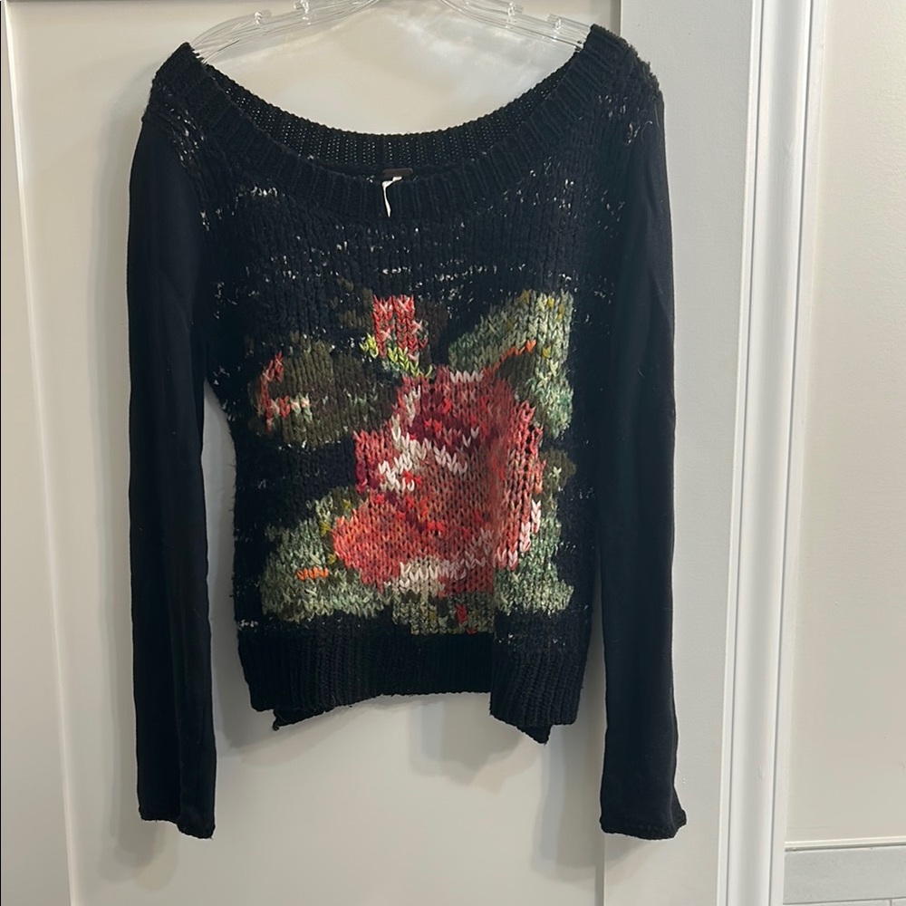Free People Black Sweater with Rose Detail
